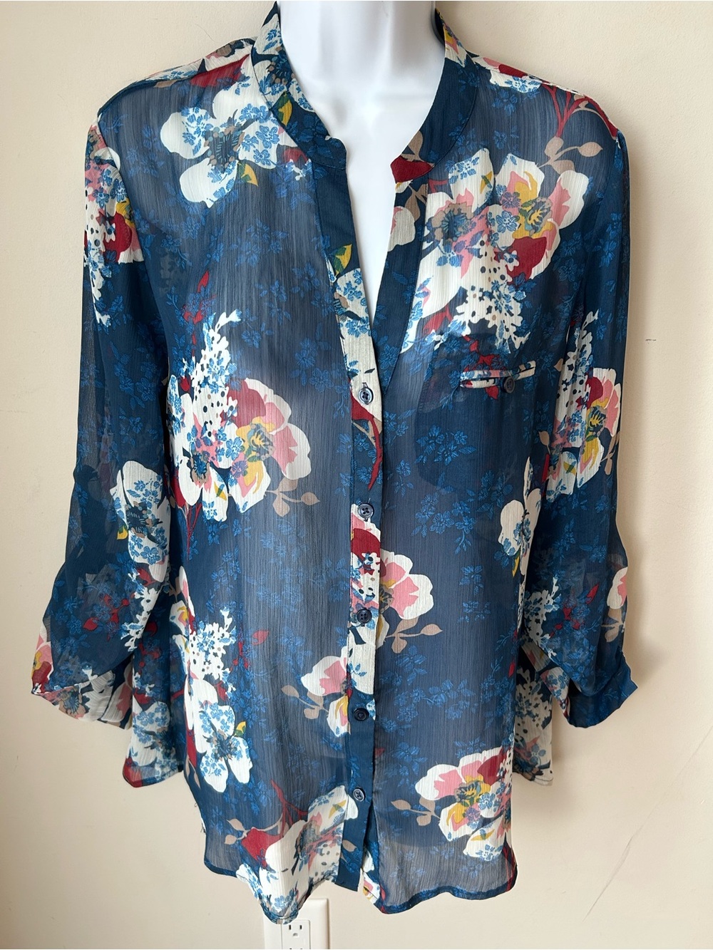 KUT from the Kloth Blue Floral Chiffon Blouse Boho Roll-Tab Sleeves Size Medium